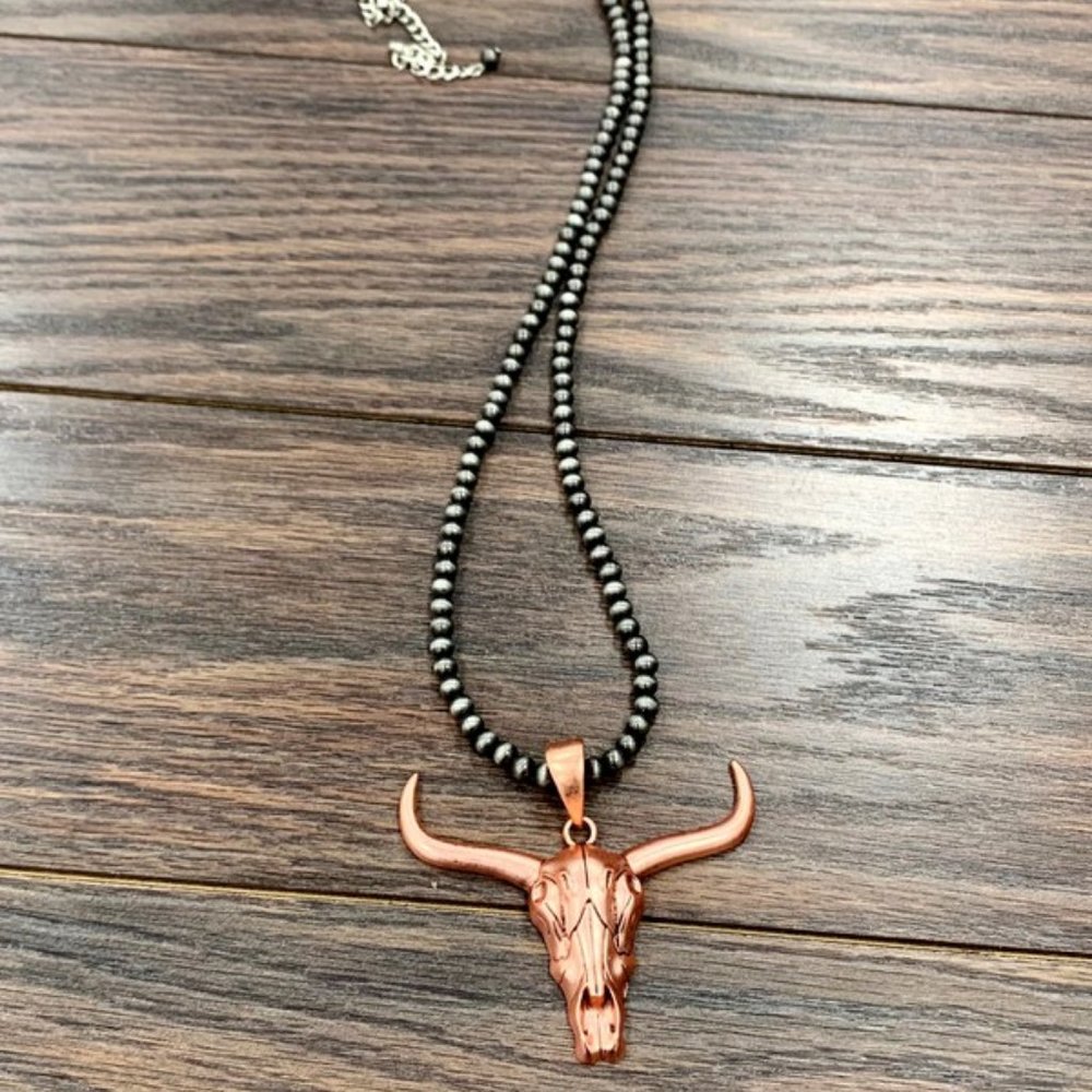 Longhorn Steer Skull Western Navajo Pearl Necklace Two Tone